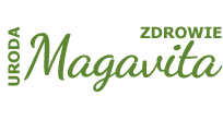 Baner w kolorze zielonym z tekstem. Główny tekst "Magavita" jest napiany jasnozieloną, ozdobną czcionką. Nad nim, mniejszą czcionką bezszeryfową, znajduje się słowo "ZDROWE". Na lewo od "Magavita", napisane pionowo, jest słowo "URODA" podobną czcionką bezszeryfową. Tło ma subtelny, falujący wzór w odcieniach ciemnej zieleni.