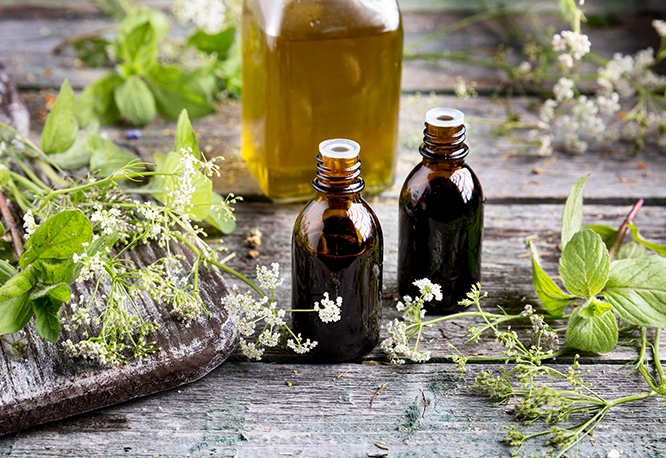  Butelki z ciemnego szkła z olejkami, otoczone świeżymi ziołami i drobnymi białymi kwiatami na drewnianym stole.